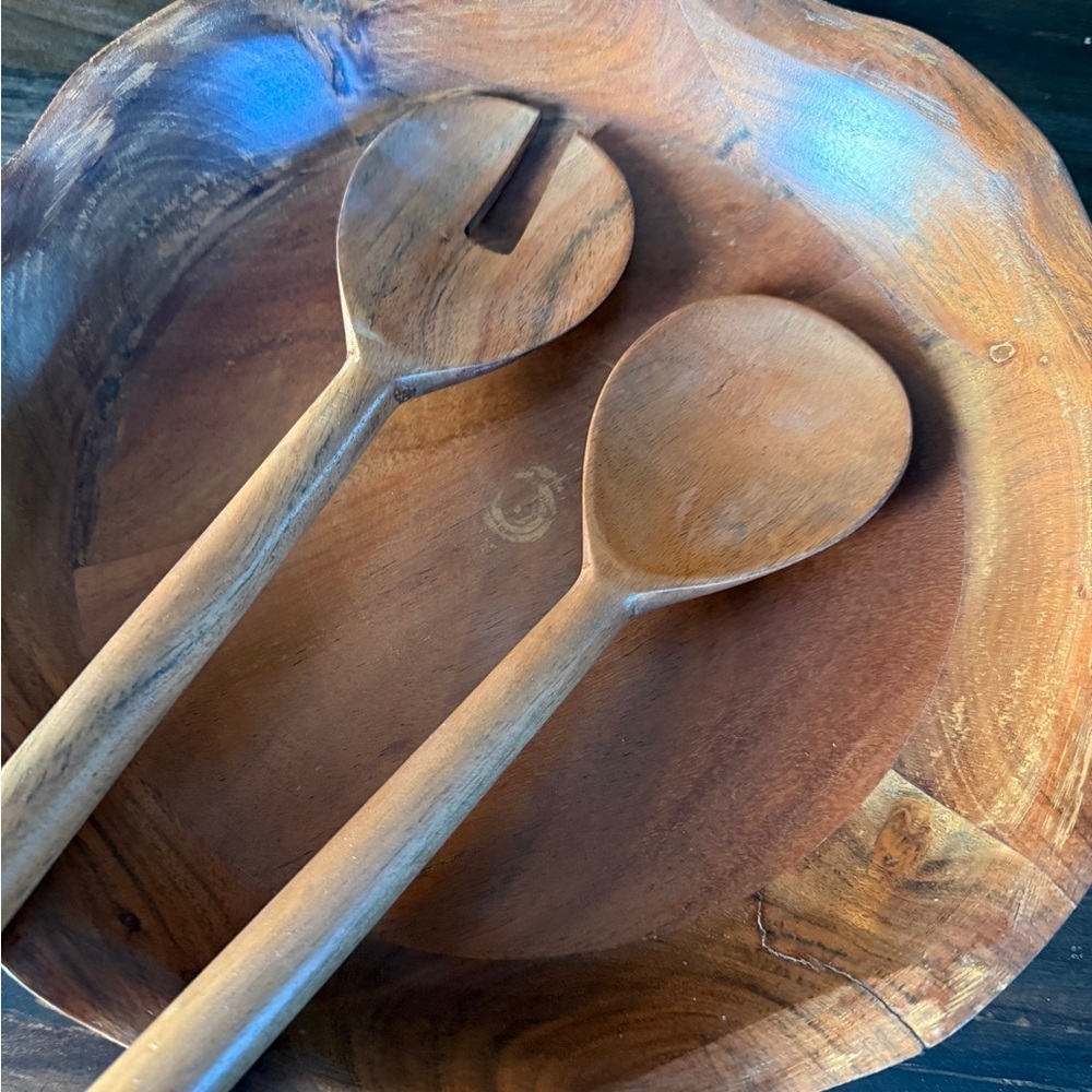 Acacia Wooden Salad Bowl Set - Picture 3 of 6